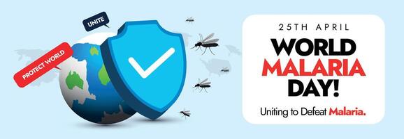 World Malaria day. 25th April World Malaria Day celebration social media banner with earth globe, protection shield and mosquitoes. Malaria, Dengue, Zika, Yellow fever prevention awareness cover vector