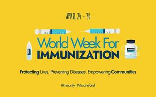 World Immunization week. World immunisation week 2024 awareness social media cover banner with cute icons of syringe, vaccine bottle in yellow theme background. Vaccine for all to awareness post vector