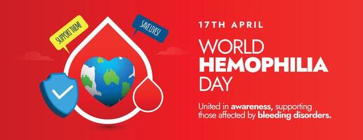 World Haemophilia day.17th April World Haemophilia day celebration cover banner in bright red background with a drop of blood and an earth globe icon in it. Recognising all bleeding disorders cover. vector