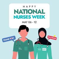 Happy National Nurses Week. National nurses week, day celebration banner with two nurses. National Nurses Week begins each year on May 6th and ends on May 12th, Florence Nightingale's birthday. vector