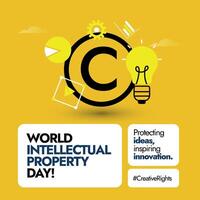 World Intellectual Property day.26th April World Intellectual property day banner with light bulb and icons of gear, charts on yellow background. Copyright symbol to promote the importance if IP day. vector