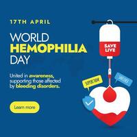 17 April World haemophilia day. World haemophilia day banner with blood bag transferring blood in heart to promote the concept of donating blood. Blood donation conceptual banner to save live vector