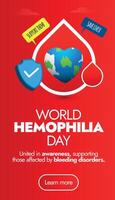 World Haemophilia day.17th April World Hemophillia day celebration story banner, social media post, vertical banner in bright red background with a drop of blood and an earth globe icon in it. vector