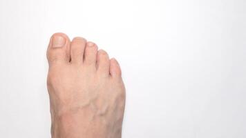 Close up of a person right foot toes with white background and space on the right for text photo
