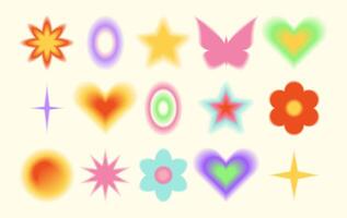 Y2k aesthetic blurred gradient aura hearts, flower, butterfly, star, circle. Trendy set of modern blurry figures in brutalism style. Romantic transparent heart elements for social media background vector