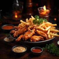 Fast food fried crispy chicken and French fries potatoes. photo