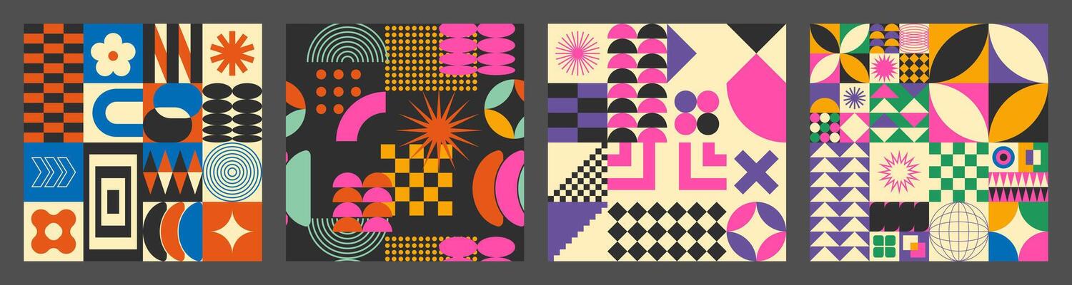 Abstract simple geometric seamless pattern with figure, form, shapes, circle and lines in Bauhaus style. Vibrant grunge geometry brutalism y2k 2000s print. Modern collage illustration
