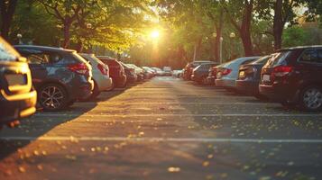 fila de estacionado carros tomando el sol en el calentar resplandor de puesta de sol en un urbano calle con otoño hojas dispersado en el pavimento foto