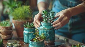 Female gardener potting succulents in painted old jars on a wooden table indoors photo