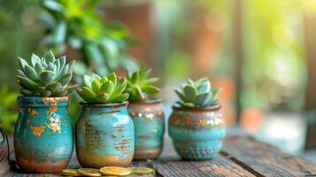 Tender plants in colorful ceramic pots on a wooden table with gold coins beside photo