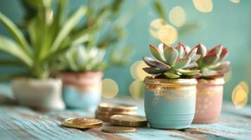 Tender plants in colorful ceramic pots on a wooden table with gold coins beside photo