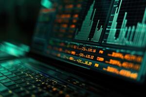 Closeup of financial stock market data with graphical representation showing market trends and analysis photo