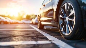 Sunset illuminates parked cars in a row with light flares across a parking lot photo