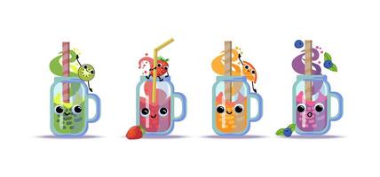 Set of comic cartoon characters of orange, kiwi, strawberry, blueberry smoothie or juice. Isolated illustration vector