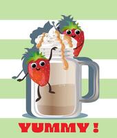 Yummy cute cartoon illustration with strawberry smoothie, milkshake, coffee latte with cream vector