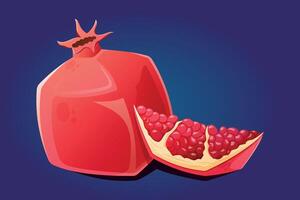 Ripe whole red pomegranate and a cut slice with seeds. isolated cartoon illustration of fruit. vector