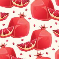 Ripe whole red pomegranate and a cut slice with seeds. seamless cartoon fruit pattern. vector