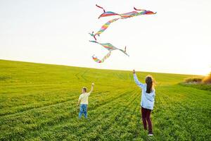 Smiling girl and brother boy running with flying colorful kites on the high grass meadow. Happy childhood moments photo