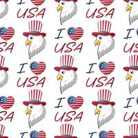 Seamless pattern for 4th of July USA Independence Day with cartoon eagle in top hat vector