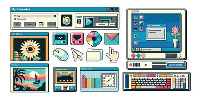 Trending elements of the computer interface in the pixel art style of the 1990s, 2000s. A dialog box with a picture of a sunflower, a landscape of the sea. Modern illustration. vector