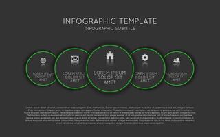 infographic template with five dark circles with icons and descriptions. Modern process scheme on black background vector