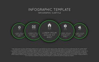 infographic template with five dark circles with icons and descriptions. Modern process scheme on black background vector