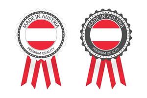 Two modern Made in Austria labels isolated on white background, simple stickers in Austrian colors, premium quality stamp design, flag of Austria vector