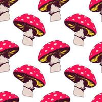 seamless pattern with fly agarics. Endless ornament in a bright retro style with mushrooms. vector