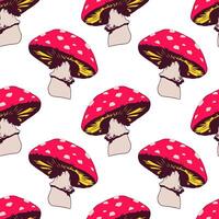 seamless pattern with fly agarics. Endless ornament in a bright retro style with mushrooms. vector