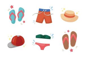 Clothes and shoes for beach holidays. Summer Set. Cute beachwear icons collection. Summertime clothes elements. Cartoon illustration. Flat design. Beach accessory. vector