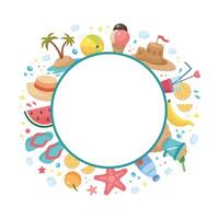 Hand drawn Summer round frame, copy space. Doodle Summer Beach holidays circular frame. Beach party illustration. Summer Set. Summertime elements. Cartoon illustration. Flat design. vector