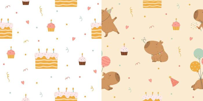 Birthday pattern set with capybaras and cupcakes vector