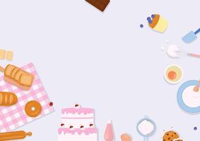 Cake and bread with baking utensils background vector