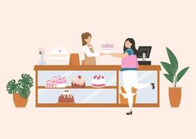 Woman and cafe staff with cake in bakery shop vector