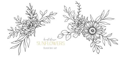 Sunflowers Line Art, Fine Line Sunflowers Hand Drawn Illustration. Fine Line Sunflowers illustration. Floral Line Art. Black and White Sunflowers Graphics vector
