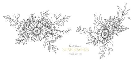 Sunflowers Line Art, Fine Line Sunflowers Hand Drawn Illustration. Fine Line Sunflowers illustration. Floral Line Art. Black and White Sunflowers Graphics vector