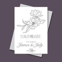 Line Art magnolia Flower Wedding Invitation template, Outline magnolia Minimalist Wedding Stationery vector