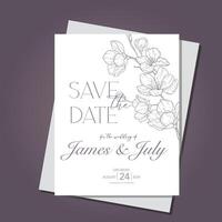 Line Art Cherry Blossom Wedding Invitation template, Outline Sakura Minimalist Wedding Stationery vector
