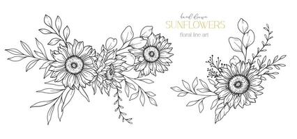 Sunflowers Line Art, Fine Line Sunflowers Hand Drawn Illustration. Fine Line Sunflowers illustration. Floral Line Art. Black and White Sunflowers Graphics vector