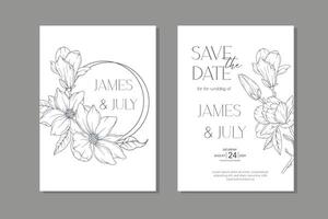 Line Art Magnolia Wedding Invitation template, Outline Magnolia Minimalist Wedding Stationery vector