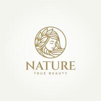 beautiful woman wearing leaf crown line art label logo illustration design. simple modern beauty center, fashion boutiques, haircut salon and cosmetic logo concept vector