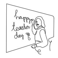 Happy teachers' day. A young female teacher with a whiteboard in casual clothes in a continuous line draw. Isolated background. vector