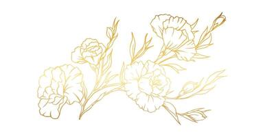 Luxury golden flowers and leaves line art for wallpaper, decorative nature design, invitation card, botanical wedding gold line illustration vector