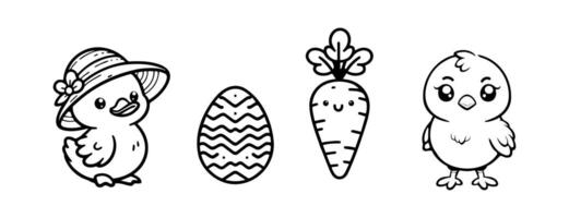 Hand-drawn Easter doodles of a cute duck, easter egg, carrot and a little chick, perfect line art for coloring page vector