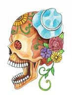 Sugar skull day of the dead design by hand watercolor on paper. vector