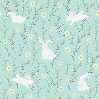 Easter seamless pattern with hand drawn white rabbits happy in the garden vector