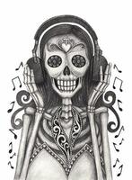 azúcar cráneo escucha música día de el muerto diseño por mano dibujo en papel. vector