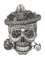 Sugar skull day of the dead design by hand drawing on paper. vector