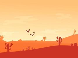 amanecer en el Desierto panorámico ver con dunas, montañas y cactus. salvaje Oeste amanecer tarjeta postal. póster modelo con Desierto paisaje. dibujos animados ilustración con sitio para texto. vector