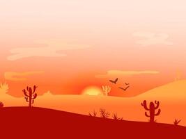 puesta de sol en el Desierto panorámico ver con dunas y cactus. salvaje Oeste amanecer tarjeta postal. póster modelo con Desierto paisaje, sitio para texto. diseño elemento para bandera, invitación, volantes, tarjeta. vector